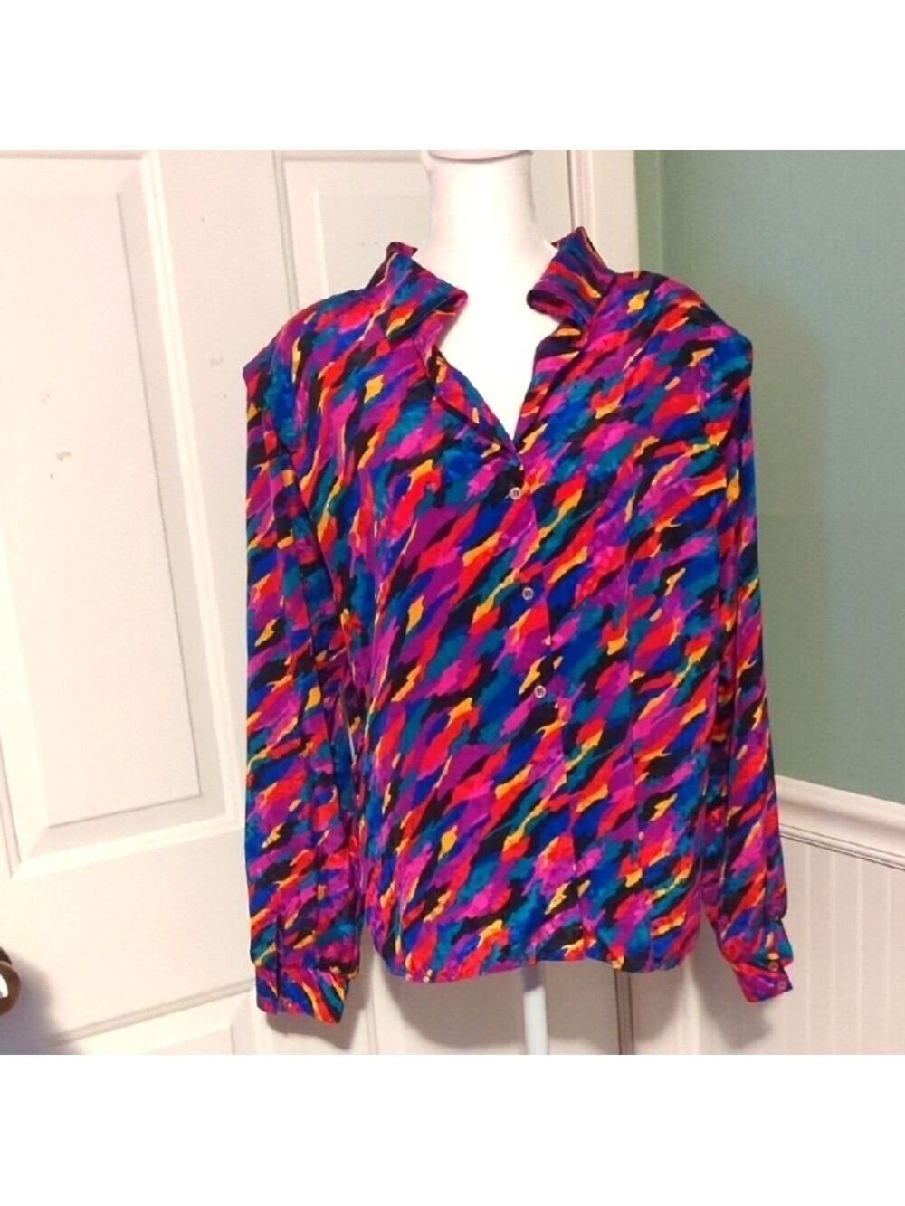 Michelle Stuart Vintage 1980s Collared Long Sleeve Blouse Large Loud Proud